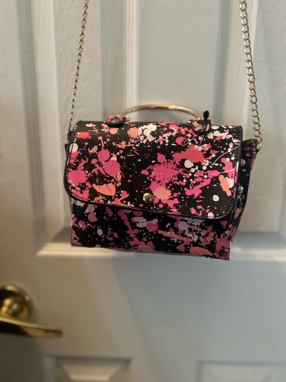 Dark brown Crossbody Bag with Pink Paint-Splash Print.